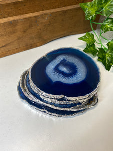 Set of 6 Blue polished Agate Slice drink coasters with Silver Electroplating around the edges 09