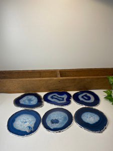 Set of 6 Blue polished Agate Slice drink coasters with Silver Electroplating around the edges 09