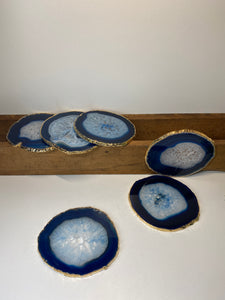 Set of 6 blue polished Agate Slice drink coasters with Gold Electroplating around the edges