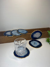 Load image into Gallery viewer, Set of 6 blue polished Agate Slice drink coasters with Gold Electroplating around the edges