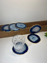 Load image into Gallery viewer, Set of 6 blue polished Agate Slice drink coasters with Gold Electroplating around the edges