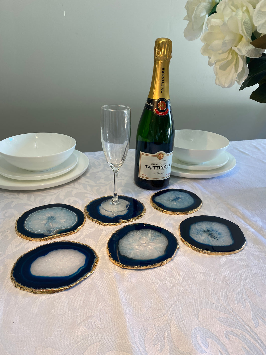 Set of 6 blue polished Agate Slice drink coasters with Gold Electroplating around the edges