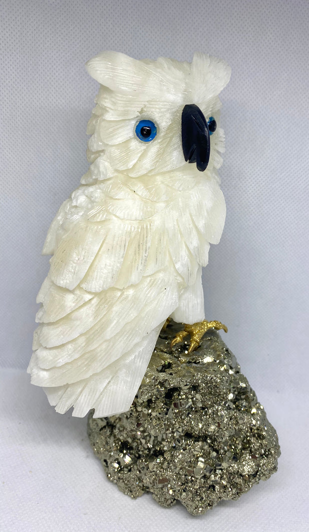 White Onyx hand carved Owl on Pyrite -  home décor or unique table piece