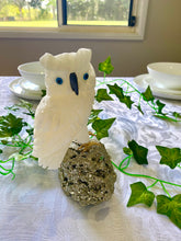 Load image into Gallery viewer, White Onyx hand carved Owl on Pyrite -  home décor or unique table piece