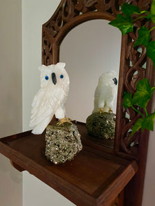 White Onyx hand carved Owl on Pyrite -  home décor or unique table piece