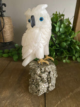 Load image into Gallery viewer, White Onyx hand carved Owl on Pyrite -  home décor or unique table piece