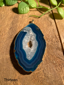 Blue Agate polished slice pendant with Gold Electroplating - necklace