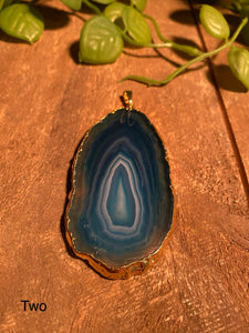 Blue Agate polished slice pendant with Gold Electroplating - necklace