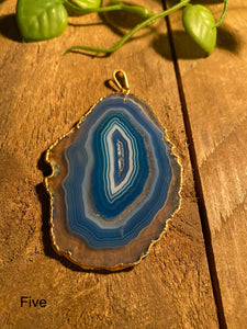 Blue Agate polished slice pendant with Gold Electroplating - necklace