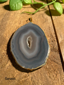 Blue Agate polished slice pendant with Gold Electroplating - necklace