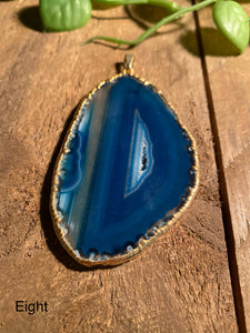 Blue Agate polished slice pendant with Gold Electroplating - necklace