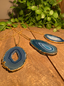 Blue Agate polished slice pendant with Gold Electroplating - necklace