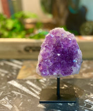 Load image into Gallery viewer, Natural Amethyst Crystal on black display stand - table piece