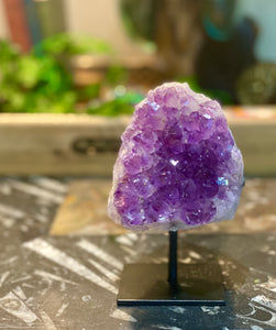 Natural Amethyst Crystal on black display stand - table piece