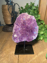 Load image into Gallery viewer, Natural Amethyst Crystal on black display stand - table piece
