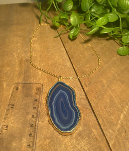 Blue Agate polished slice pendant with Gold Electroplating - necklace