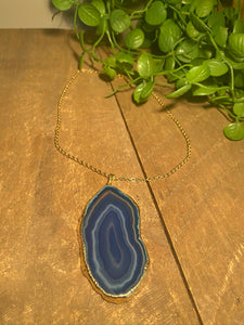 Blue Agate polished slice pendant with Gold Electroplating - necklace