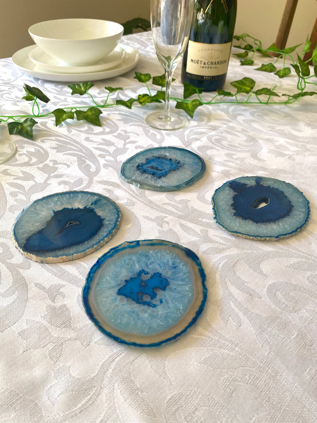 polished blue agate slice drink coasters - set of 4