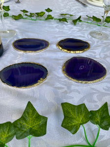 Set of 4 Purple polished Agate Slice drink coasters with Gold Electroplating